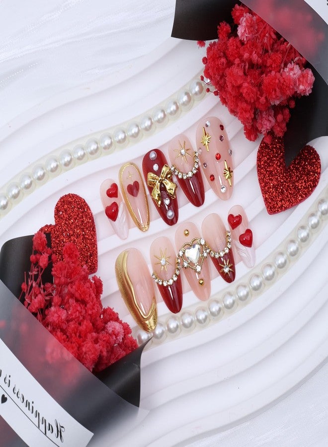 KRTBKR 24Pcs Valentines Day Press on Nails Medium Almond Red French Tip Fake Nails Gold Bow Star with Rhinestones Bling Full Cover Glue on Nails 3D Heart False Nails Valentines Stick on Nail for Women - Image 2